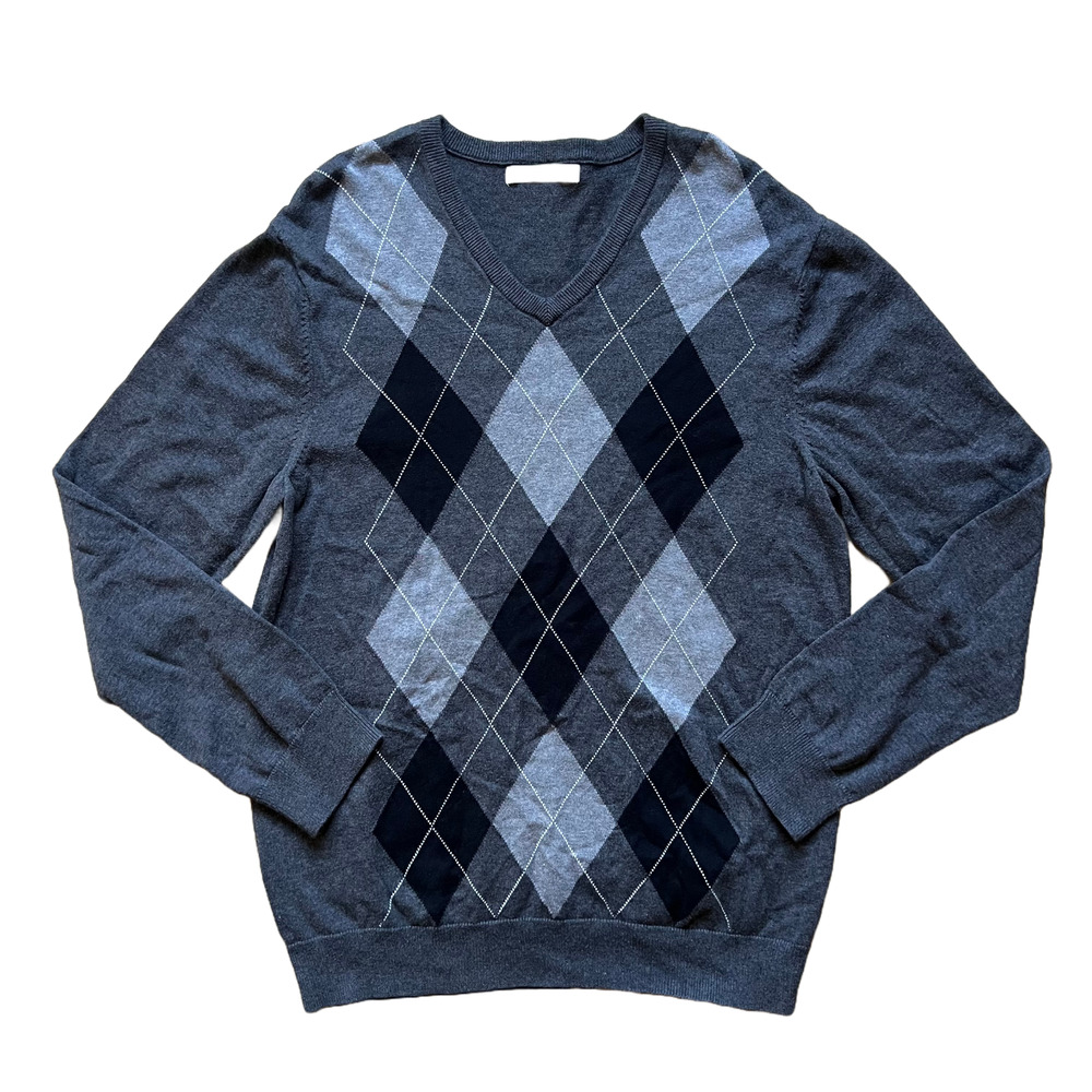 Vintage Old Navy Mens Sweater XL Gray Argyle Grandpa Preppy Golf Minimalist
